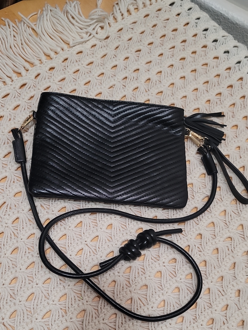 Quilted Chevron Black Crossbody Bag with Tassel Accent
